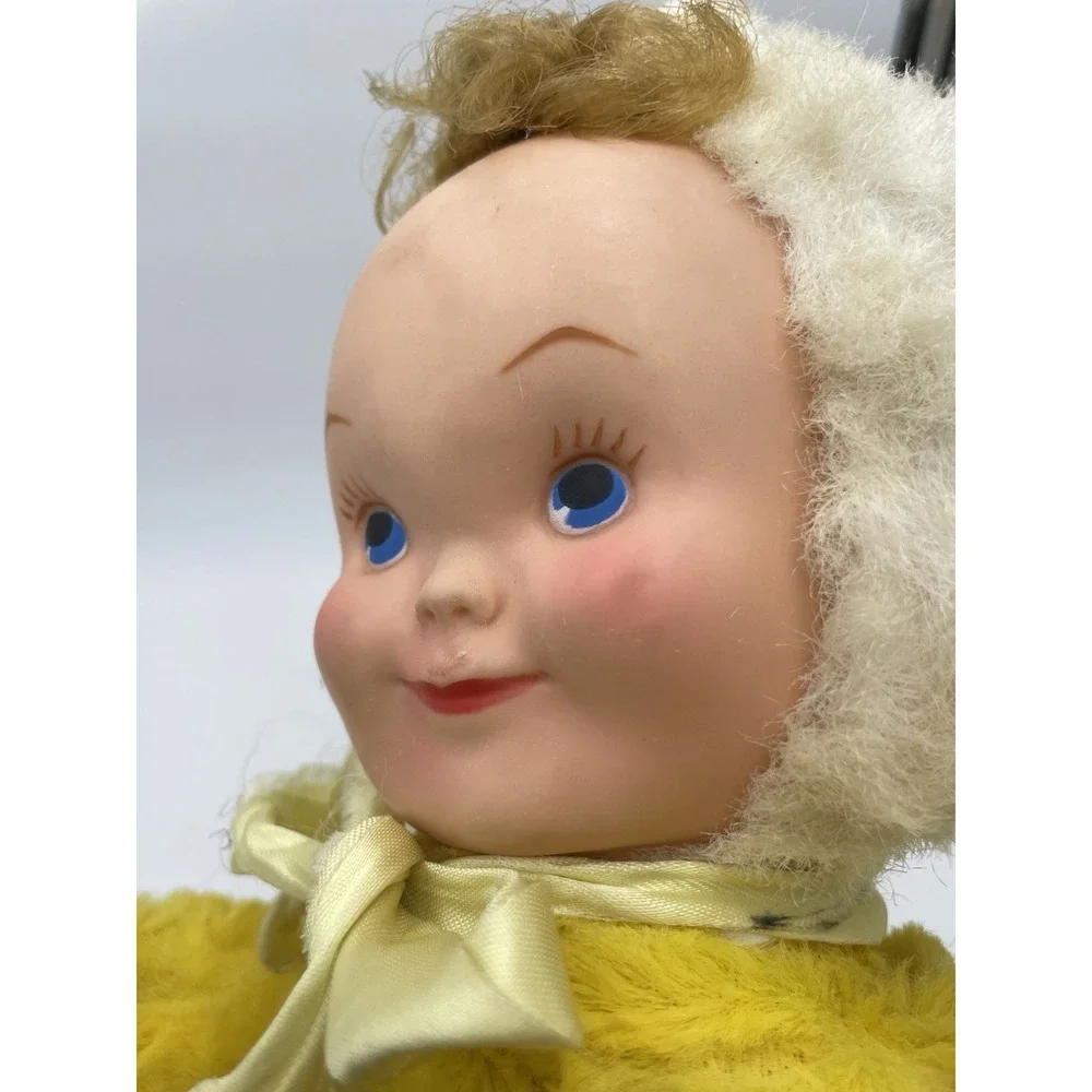 Vintage Rubber Sweet Face Baby Doll Yellow‎ Suit Brown Hair Moving Arms Rushton?